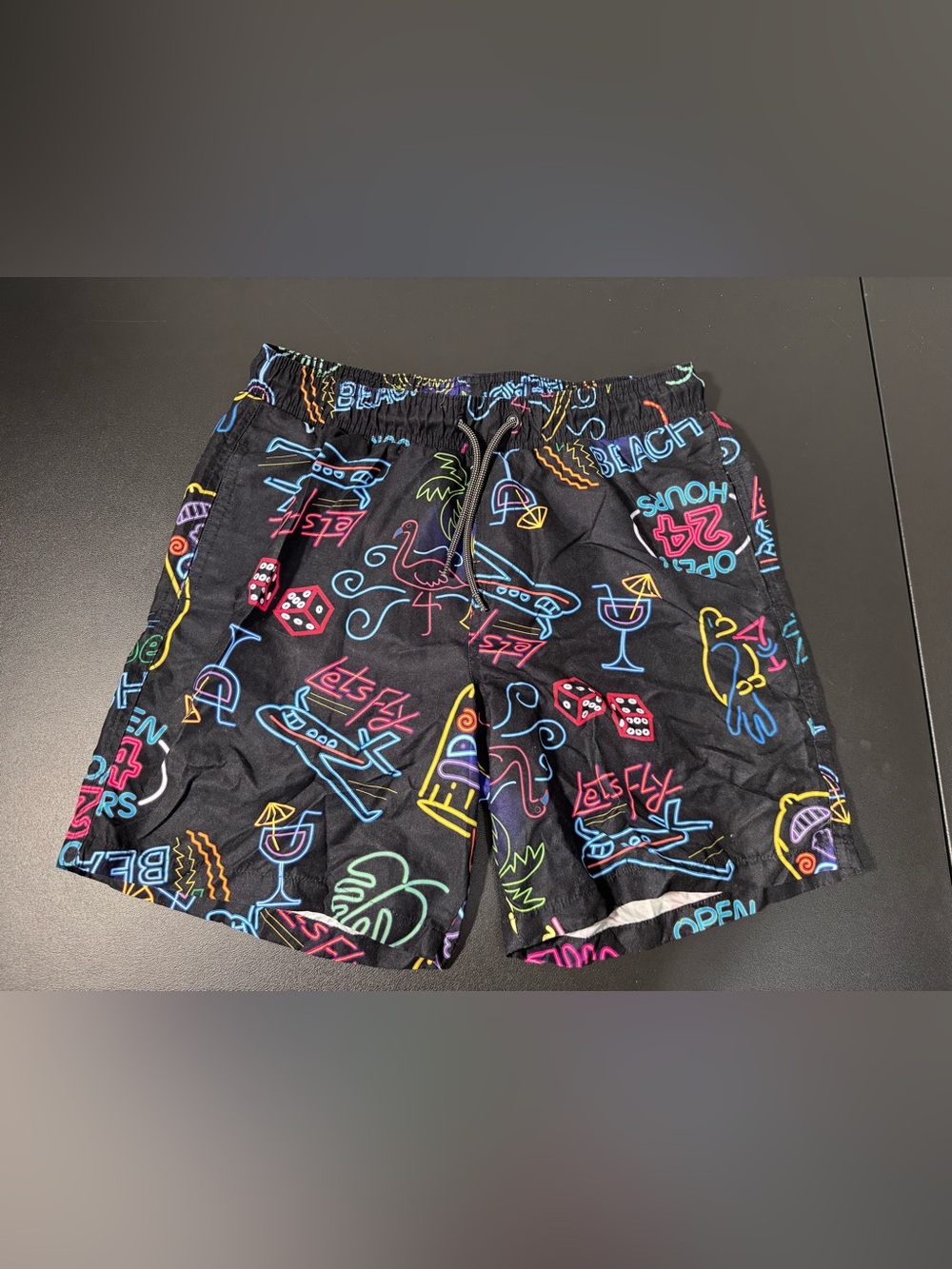 Fashion Nova Black Neon Graphic Swim Trunks